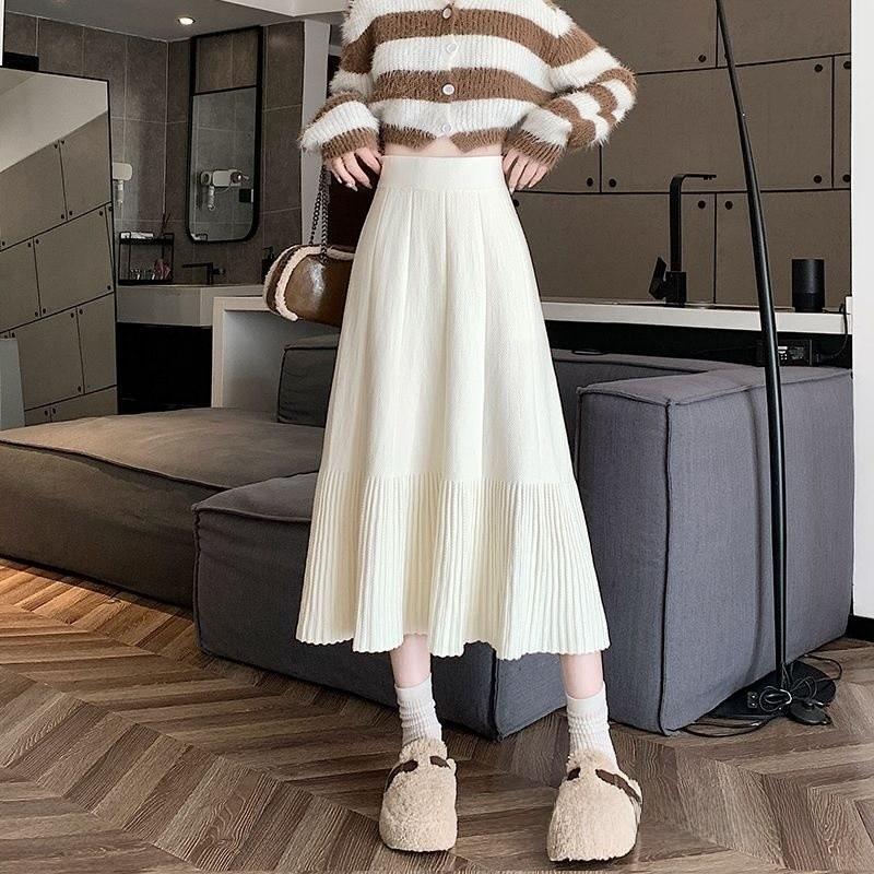 Cotton Blend Knit Midi Skirt With High Waist And Pleats For Fall Winter Fashion