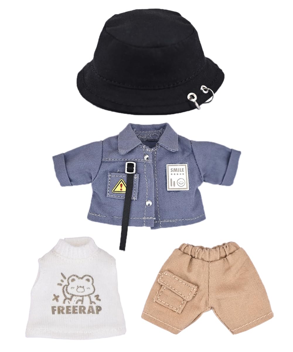 

Obitsu 11 OB11 Size Outfit Set for 11cm Obitsu Doll Body: Shirt, Sleeveless Pants, Bucket Hat with Jump Rings (4-Piece Set)