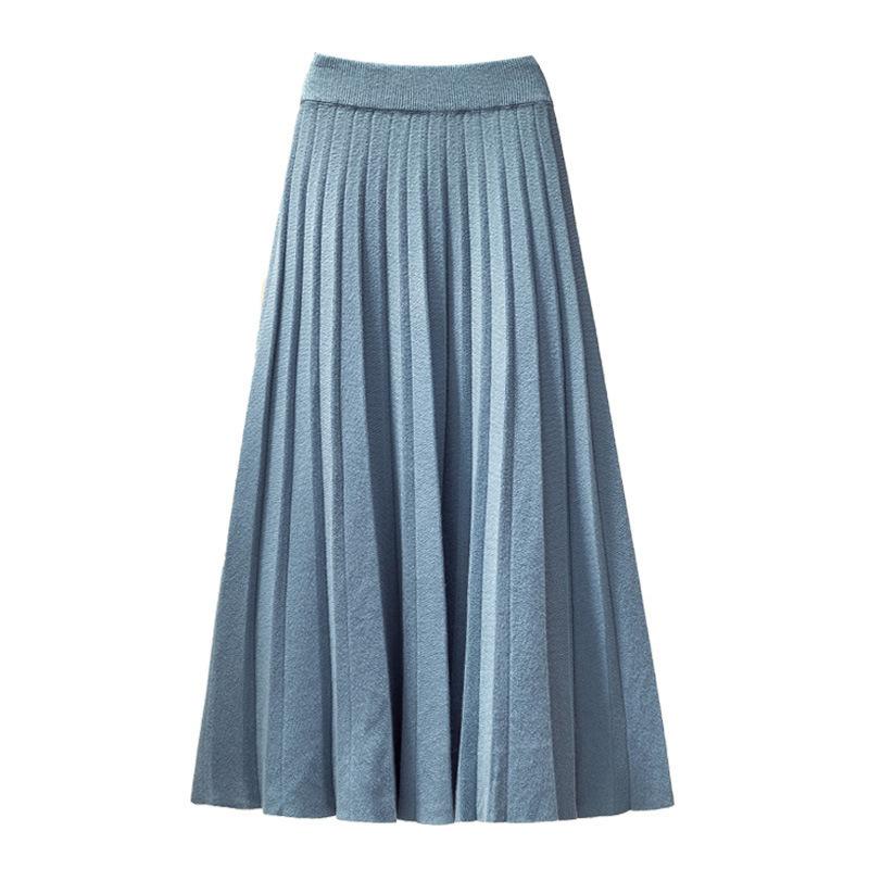 WTEMPO Women Midi Pleated Knitted Skirt Knee Length A Line High Waist Skirt