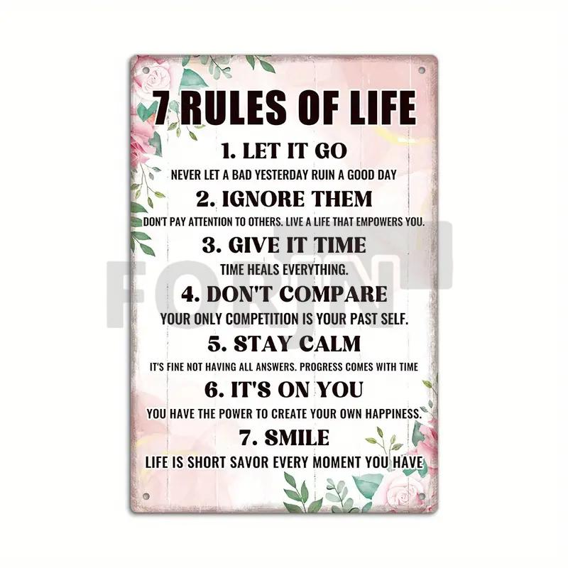 Placa de Metal com Frases Inspiradoras - 10 Regras de Ouro - 7 Regras da Vida - Notas de Sucesso - Pôster em Inglês para Decoração de Parede de Escritório de Empresa