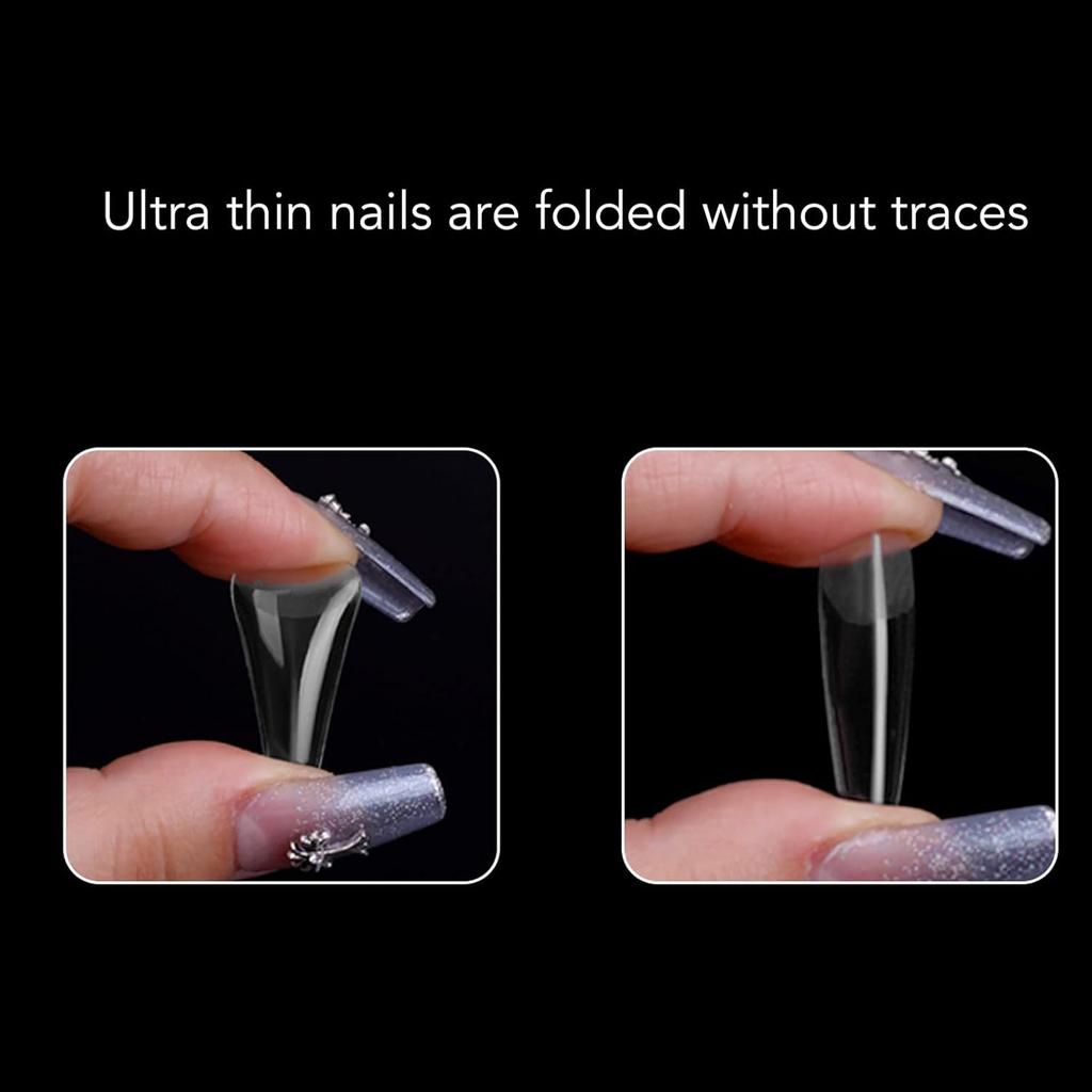 2 Box Nail Tips, Ultra Thin False Nails Long Clear Fake Nails Half Frosted Coffin Nail Tips with Clear Box for Nail Salons (Almond)