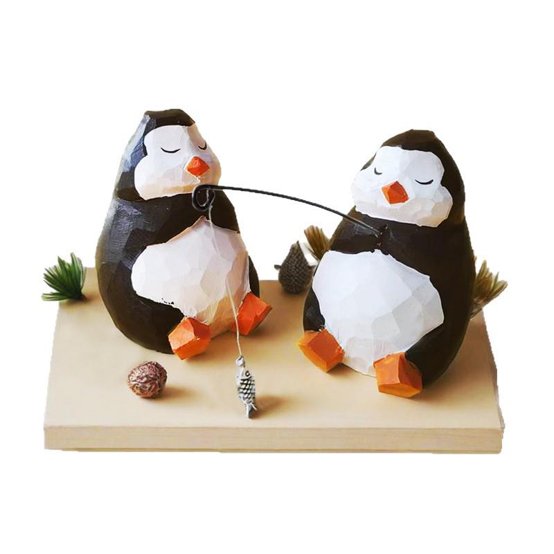 Hand-Carved Solid Wood Fishing Penguin Ornament – Cute Wooden Penguin Decoration