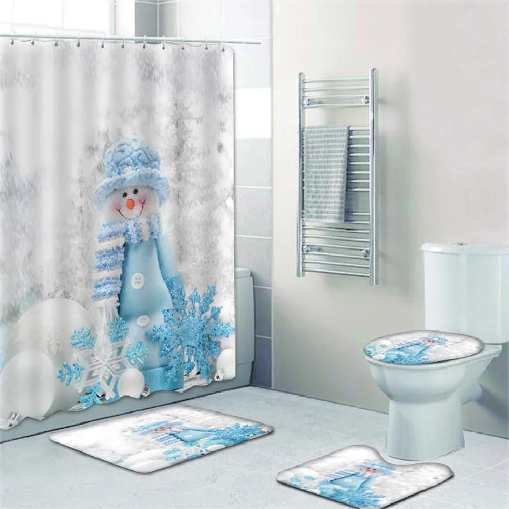 4pcs Merry Christmas Shower Curtain Polyester Shower Curtain Pedestal Rug Set Bathroom Decor Waterproof Curtain