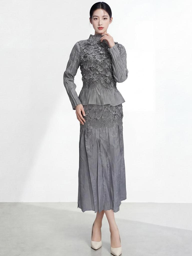 2026 Spring Women's Embroidered Pleated Skirt Suit - High-End Miyake Style