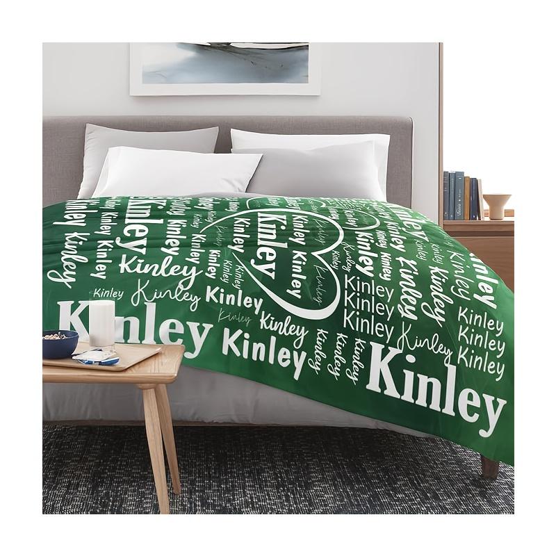 Personalized Custom Name Blanket Flannel with Gradient Green Heart Name Design All Season Luxury Gift for Christmas Gift