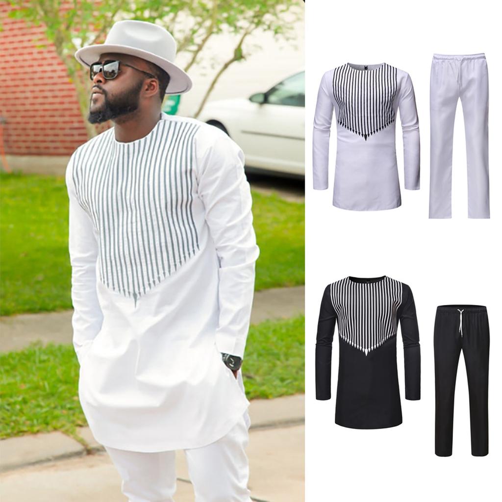 Men's 2 Piece Set Long Sleeve Pants Dashiki Outfit Traditional Suit