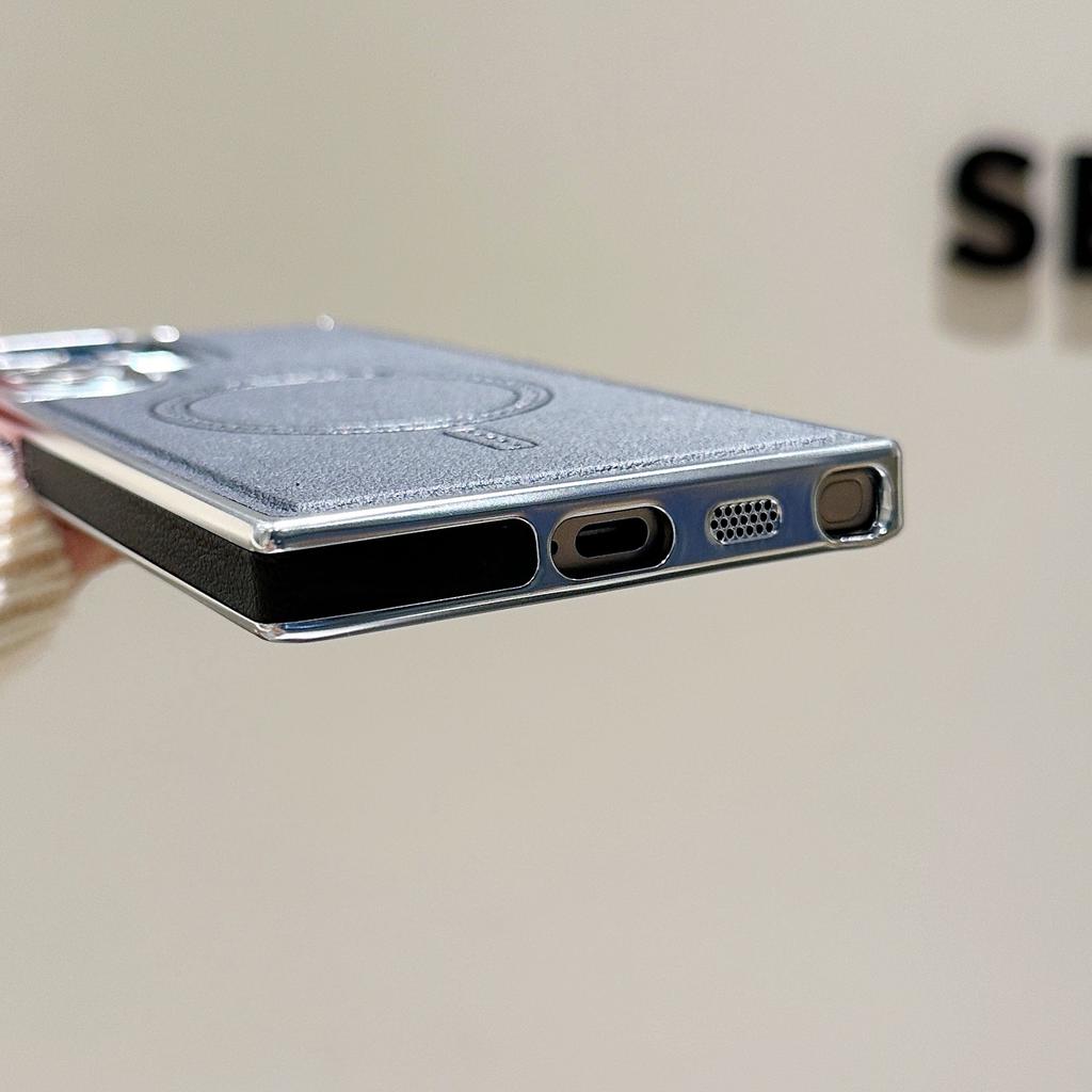 Samsung S25 Ultra Electroplated Leather Pattern Magnetic Suction Phone Case Samsung S24 Ultra Anti Fall and Anti Slip Skin Feeling Shell