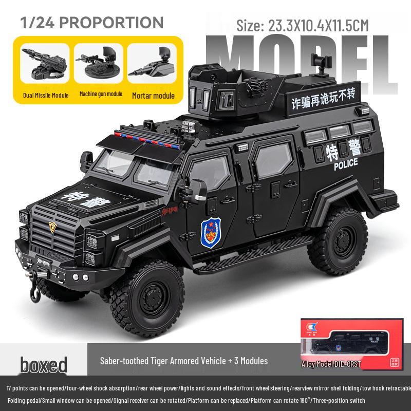 Chezhi 1:24 Armored SWAT Car Model - Saber-toothed Tiger Explosion-proof with Sound, Light, Openable Doors, and Pull-back Action.