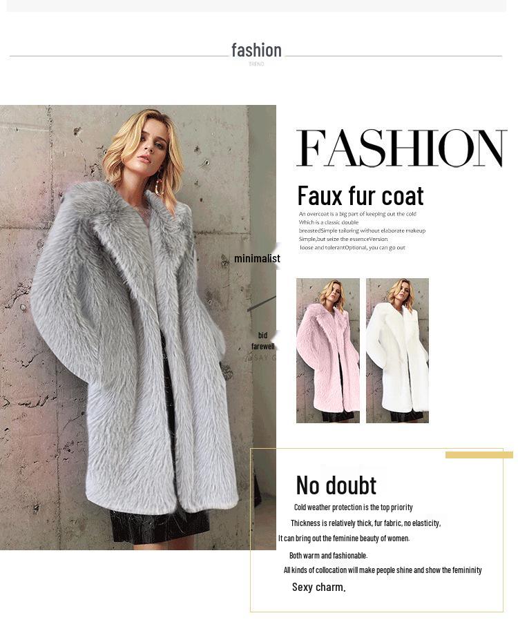European & American Women's Winter Faux Fur Long Coat with Suit Collar