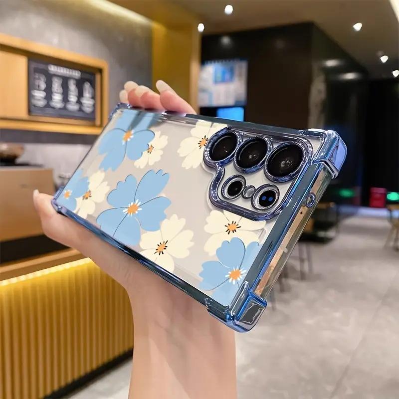 Korean Light Blue Flower Transparent Mobile Phone Case Apple 15/16promax Electroplated Frame Airbag Anti-drop Protective Case