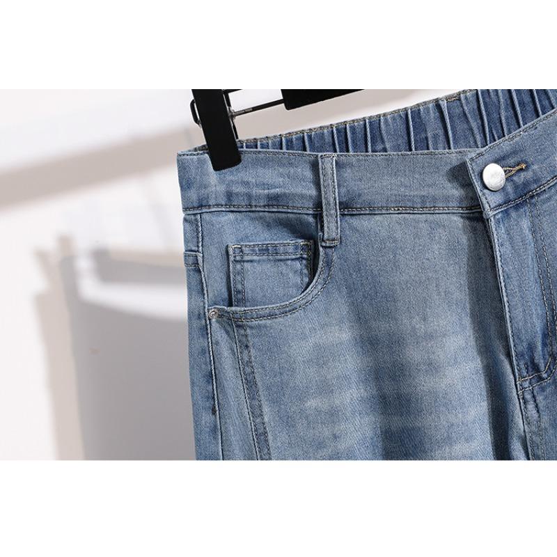 DIMANAF 2026 Summer New Plus Size Women Casual Ripped Wide Leg Denim Capris Jeans Long Pants Cotton Blue