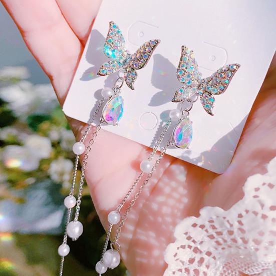 Yousheng 1 Pair Shining Rhinestones Chain Tassel Lady Earrings Vivid Butterflies Imitation Pearls Stud Earrings Elegant Earrings
