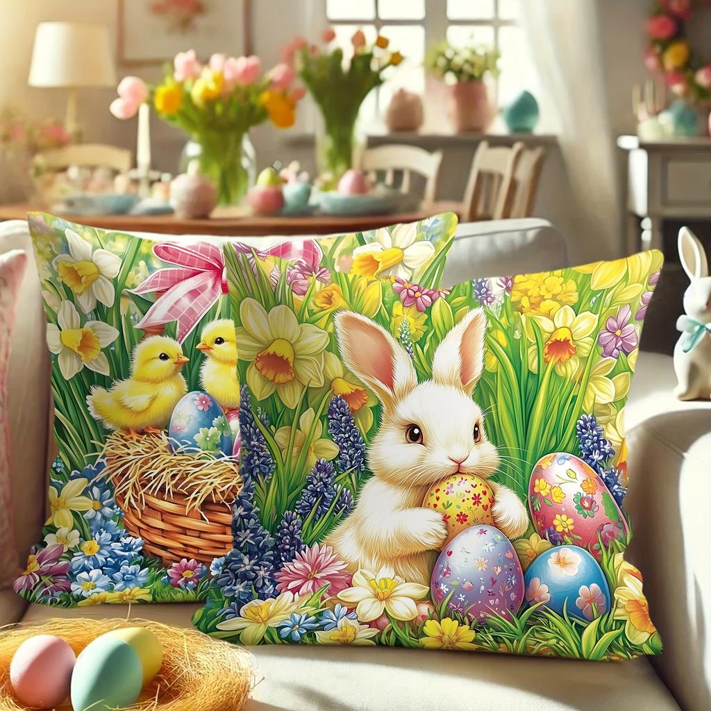 1Pc Easter Bunny Flower Chick Pillowcase Cute Funny Yellow Green Pink Decorative Pillow Cover Zipper Closure Machine Washable