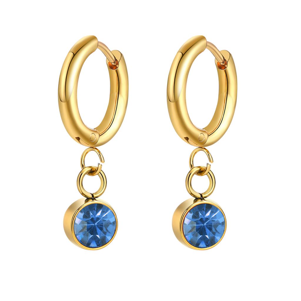 12 Colors Birthstone Huggie Earrings for Women, PVD Gold Color Tone Stainless Steel Brilliant AAA Cubic Zirconia Dangle Ear Clip