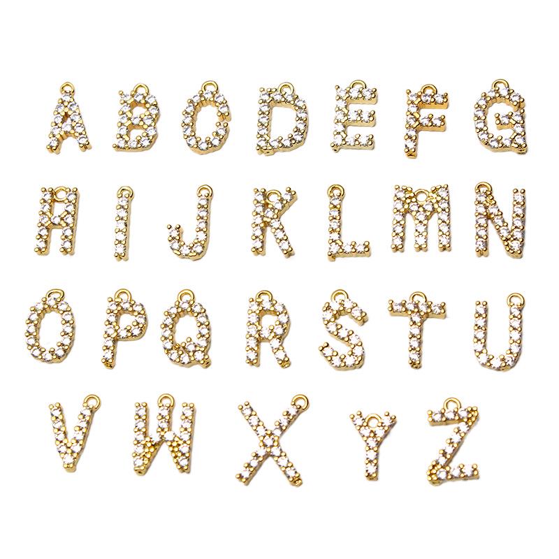 Copper-Plated Gold Micro-Inlaid Diamond English Letter Pendant: 26 Charm Options for Necklaces or Earrings
