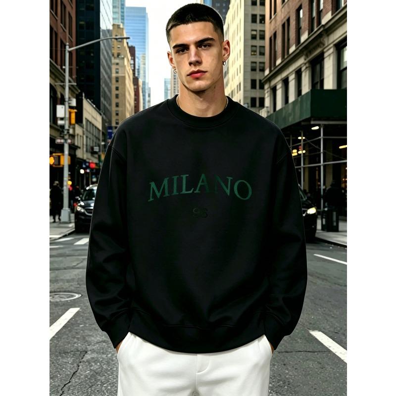 Men'S Crew Neck Long Sleeve Sweatshirt, Minimal Green Embroidered MILANO 96 Letter Pullover, Soft Loose Breathable Basic Casual Sweat Top, E