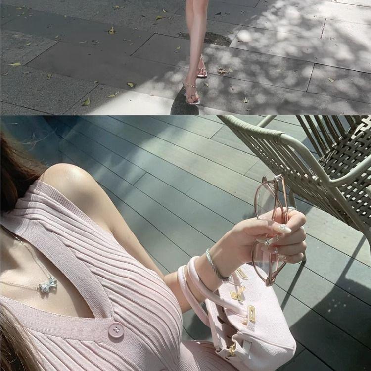 Elegant Ice Silk Sleeveless Tank Dress with Waist-Hugging Fit for Women