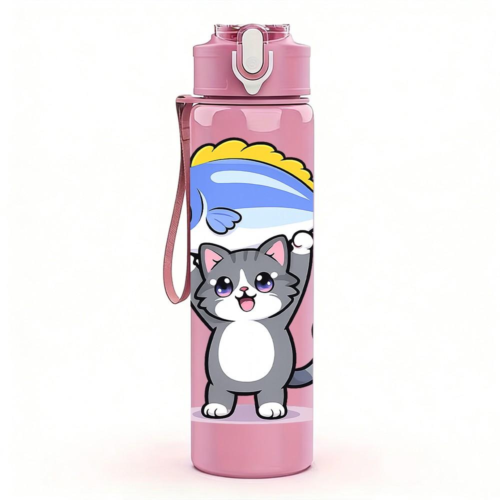 1PC Cat Catching Fish Cartoon 750ml Color Plastic Sports Water Bottle Leakproof Flip Straw Lid Suitable for Sports Office Home Use