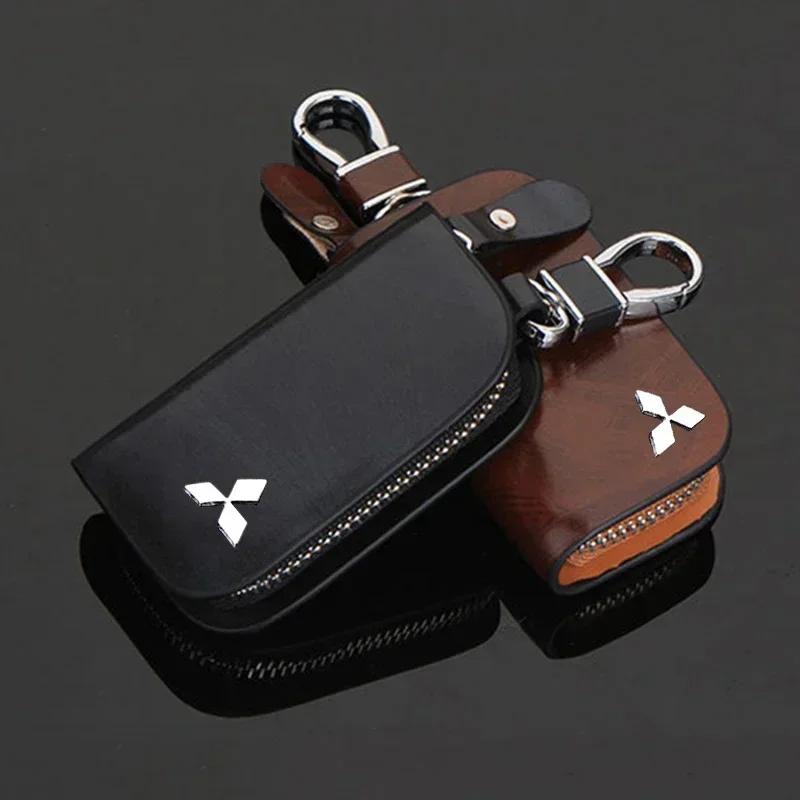 Leather Car Key Bag Vehicle Logo Keychain Case for Mitsubishi Outlander Lancer 9 10 ASX L200 Pajero Mirage Montero Eclipse