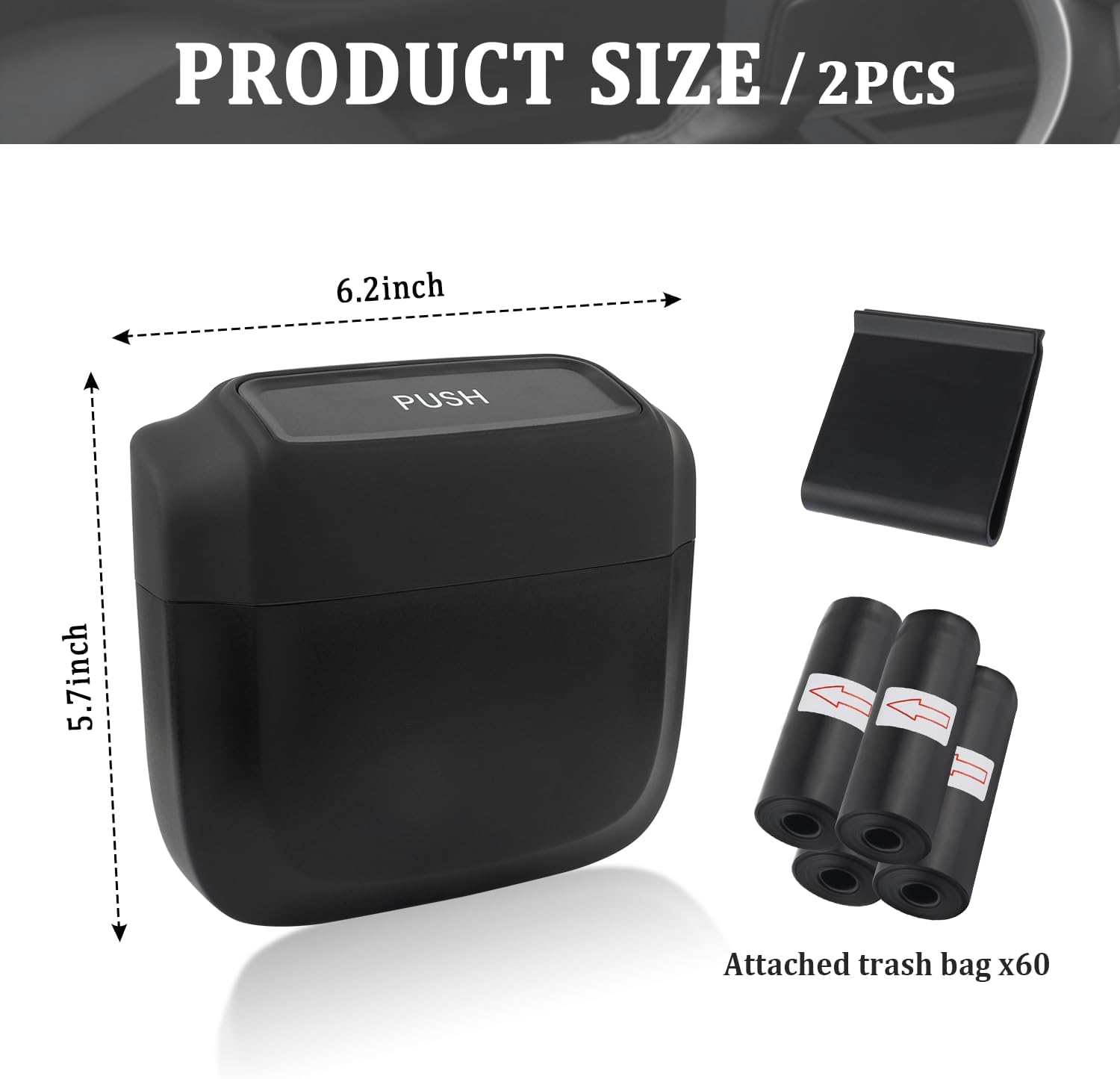 

2PCS Car Trash Can with Lid & 60PCS Bags, Mini Interior Organizer for Door/Seat/Console, Black чорний