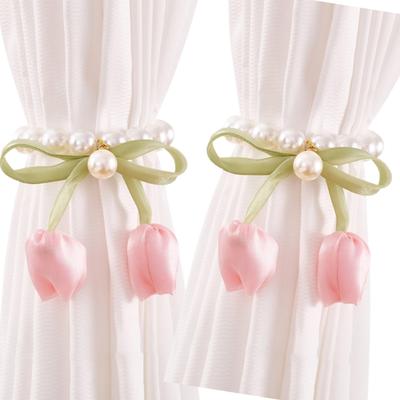 Set of 2 Elegant Tulips Bowknot Design Curtain Tiebacks With Pearls Beads Magnetic Closures Window Drapery Holdbacks Ties