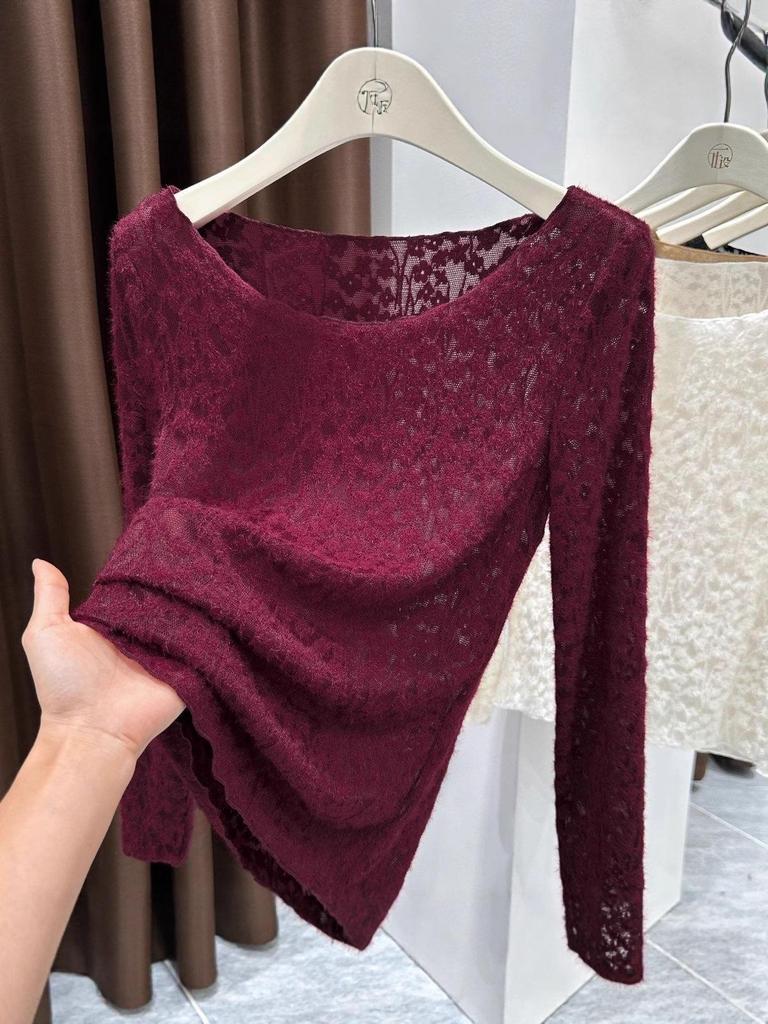 Women's Sexy Lace Hollow-Out Long-Sleeve Slim-Fit Top for Autumn/Winter