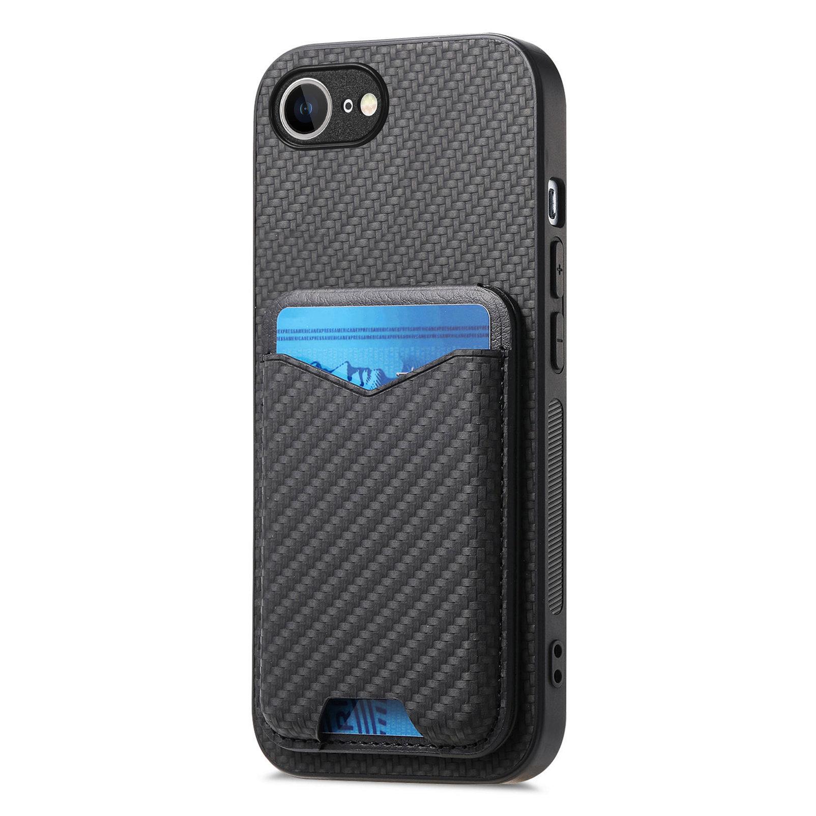 

For iPhone 16e Case Card Holder Kickstand Carbon Fiber Texture Back Cover Green
