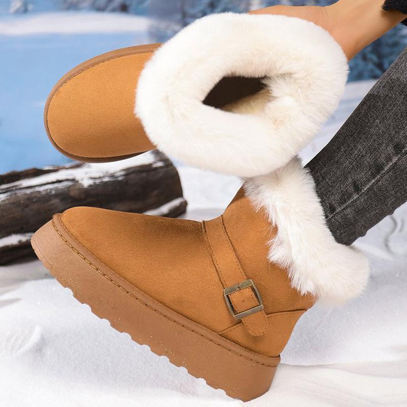 Fashion Furry Thick Warm Snow Boots Women Retro Buckle Detor Slip On Snow Boots Woman Winter Yellow Brown Platform Booties Female