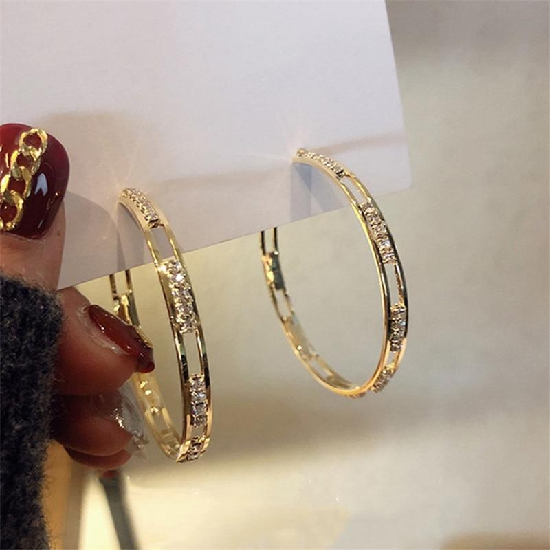 Golden Round Crystal Hoop Earrings for Women Bijoux Geometric Rhinestones Earrings Statement Jewelry Party Gifts