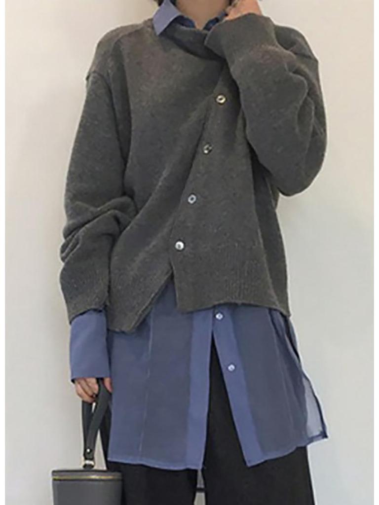 Spring Korean Style Asymmetrical Button Cardigan - Round Neck Knit for Women