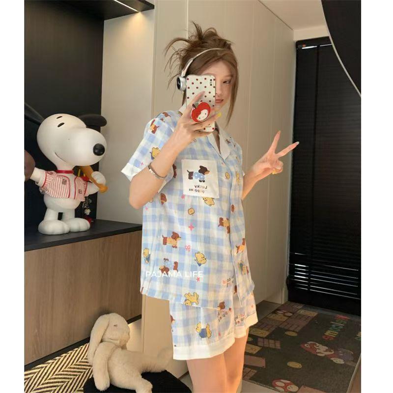 Sweet full print floral pajamas women's summer short-sleeved shorts ins style suit beautiful girl loungewear two-piece set