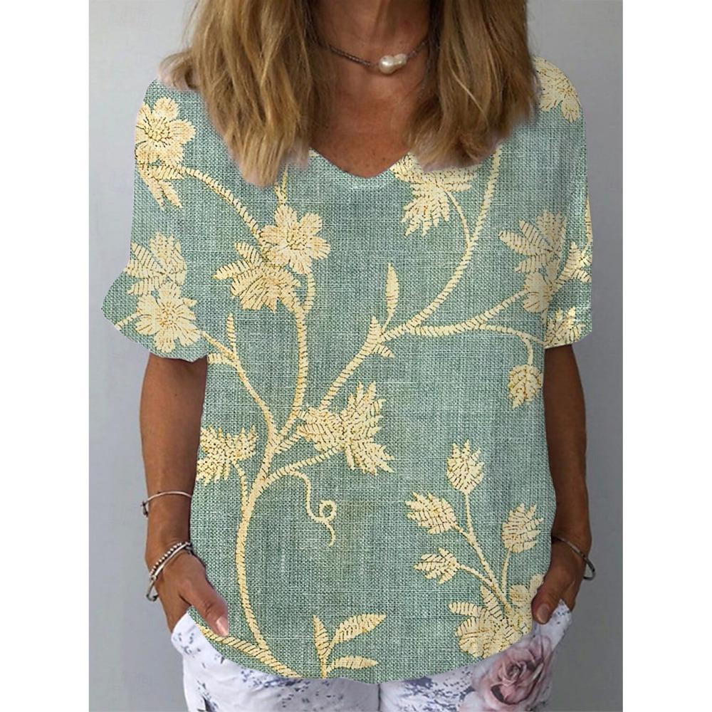 Women's Trendy T-Shirts Flower Graphics Fashion Short Sleeved V-Neck Regular Tops Daily Prints Summer Y2K Casual Tops
