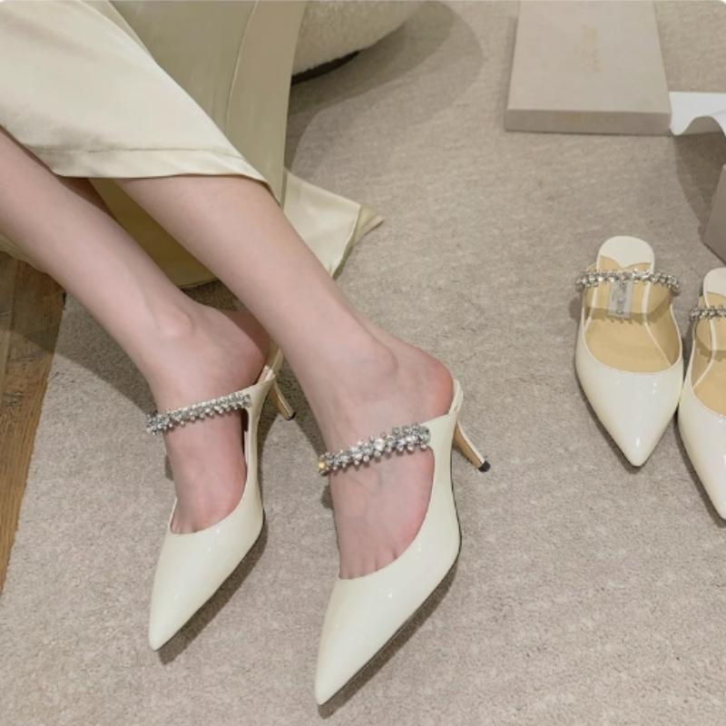 New Summer Rhinestone Glitter Sandals Women Pointed Toe Slip On Mules Flat Shoes Open Back Slippers