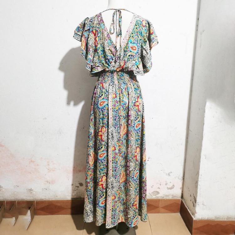 Dámské letní šaty s květinovým potiskem, výstřihem do V, volánovými krátkými rukávy, ležérní, s vysokým pasem, áčkového střihu, bez zad, s rozparkem, ke kotníkům, jarní šaty