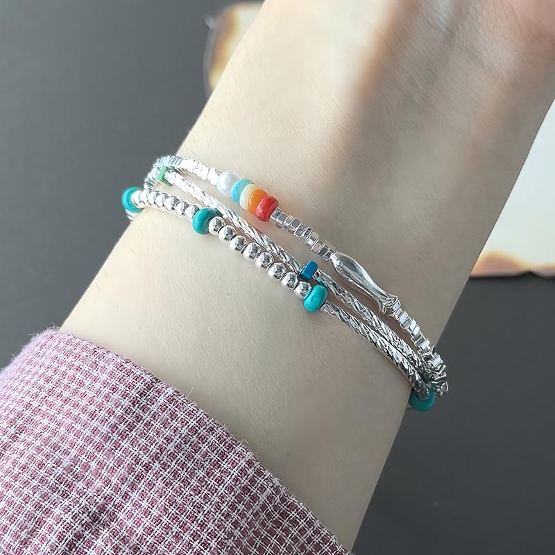 Silver Plated Bracelet for Women Pearl Red Agate Turquoise Glass Fish Butterfly Geometric Elastic Jewelry Party Gift