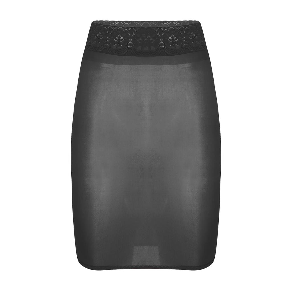Womens High Waist Lace Patchwork Pencil Skirt Glossy Stretchy Fabric Semi Sheer Bodycon Skirt