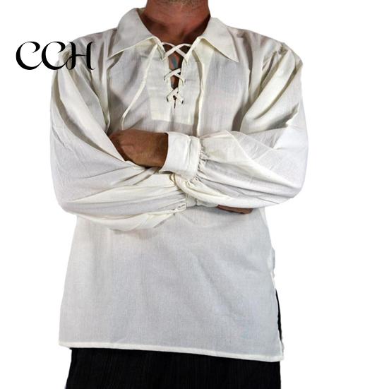 Loose Fit Pullover Shirt Adult Men Medieval Renaissance Cosplay Lapel Long Sleeve Lace-up Tops Solid Color