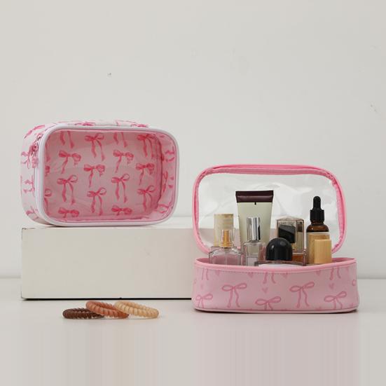 Pink Bow Makeup Bag Portable Cosmetic Pouch with Transparent Window Zippered Travel Cosmetic Organizer for Business Trip Vacation