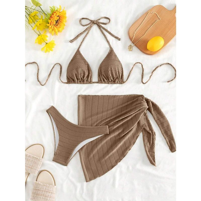 

New sexy solid color split bikini tether bikini L темно-коричневого