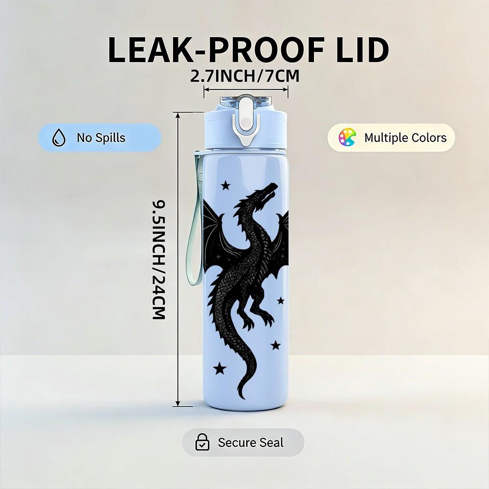 1PC Black Silhouette Dragon Art 750ml Color Plastic Sports Water Bottle Leakproof Flip Straw Lid Suitable for Sports Office Home Use