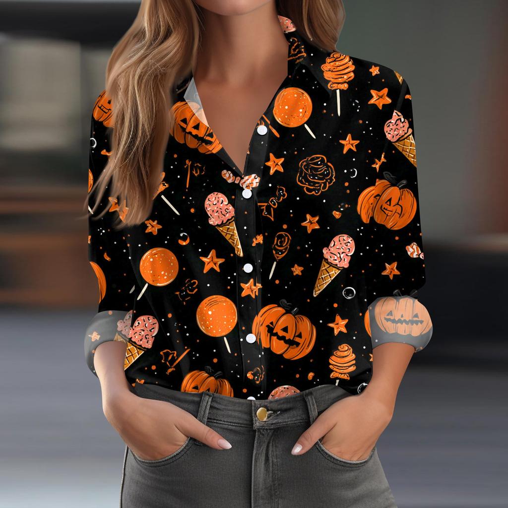 Women's Halloween Printed Casual Half-Open Collar Long Sleeve Shirt
