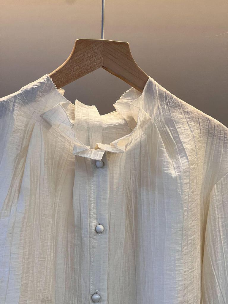 Available: Off-white Pleated Stand Collar Long Sleeve Shirt for Women - Spring/Summer 2026 Collection