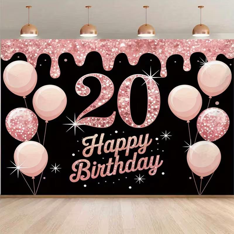 2D Black & Rose Gold Glitter 20th Birthday Party Decoration Background
