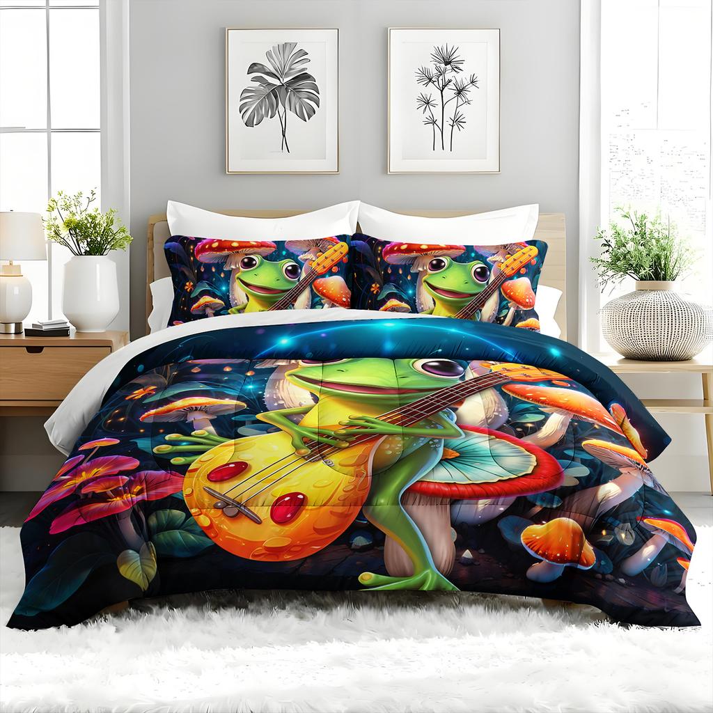 3PC Musical Frog Bedding Set Cute Cartoon Frog Duvet with 2 Pillowcases Mushroom Theme Comforter for Bedroom Or Guest Room