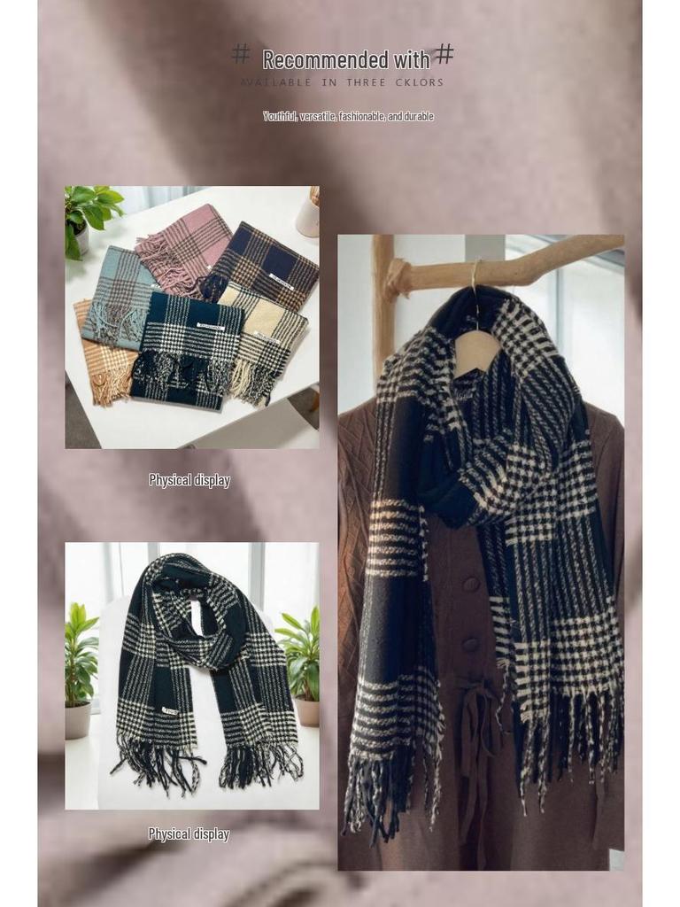 Blue Plaid Tassel Scarf: Versatile Warm Neck Warmer for Women & Couples - Autumn/Winter 2025