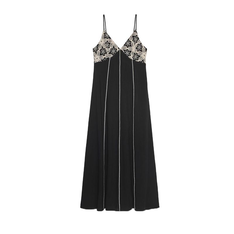 Summer Women's Clothing Sexy Style Contrast Color Convex Trim Embroider V-neck Strap Midi Skirt Long Dress 3897112
