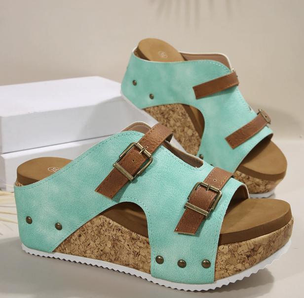 Donna Fibbia Metallica Pantofole Zeppa Donna 2026 Sandali Piattaforma Borchie Vintage Donna Pelle PU Taglia Larga Scarpe Estive 43
