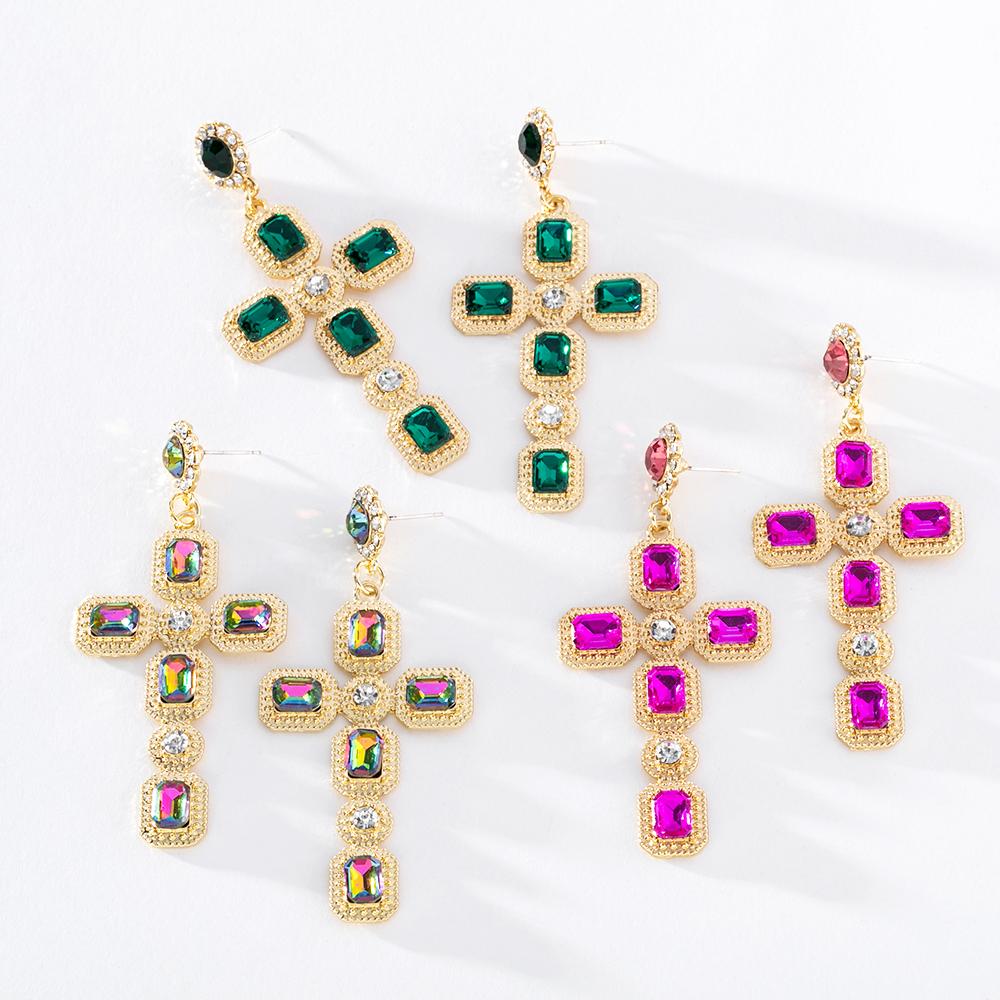 Pinkdudu Personality 3 Color Glass Cross Drop Earrings Vintage Romantic Luxury Rhinestone Earring for Women Jewelry PD1300