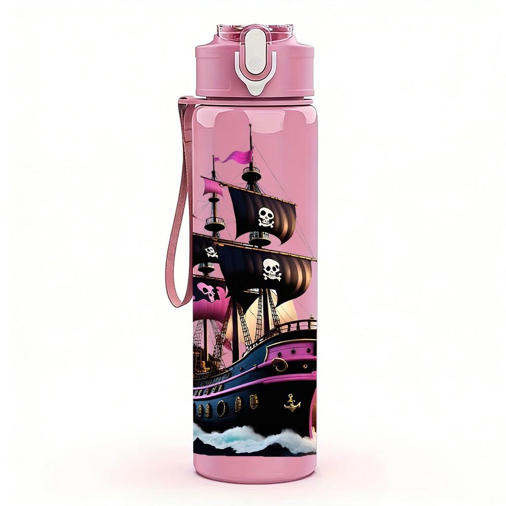 1PC Ancient Sailing Ship Pattern 750ml Color Plastic Sports Water Bottle Leakproof Flip Straw Lid Suitable for Sports Office Home Use