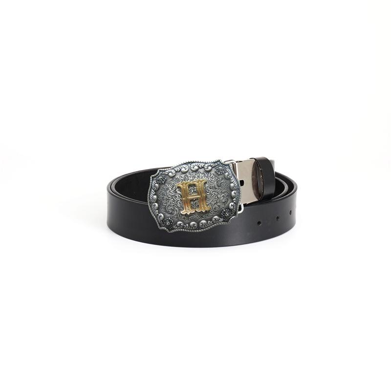 Western Cowboy Zinc Alloy Buckle Cowhide Patterned Elastic Belt for Men - Retro Knight Style